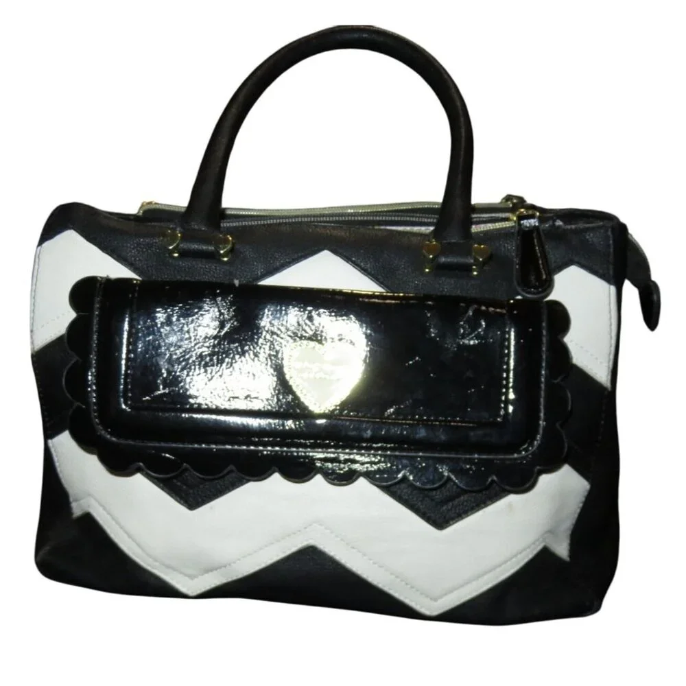 Betsey Johnson Black & White Chevron Accented Tote Large Crossbody Boho Handbag